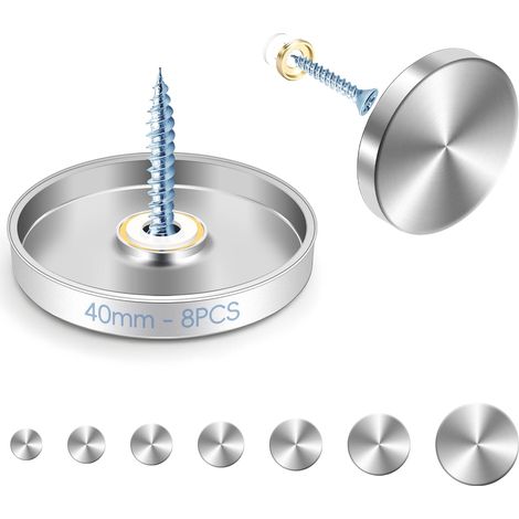 40 mm Vis à Miroir 8 Pièces Cache Vis Inox Clous Cache Acier Inoxydable avec Capuchons Décoratifs et Rondelles pour Miroirs Plaques de Bain Douche Armoires Tables Panneaux en Verre Meubles (1/5)