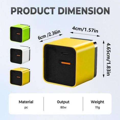 Chargeur Gan 3 en 1, module de charge rapide évolutif 80 W max avec cable de type C et 2 ports USB, (1/5)