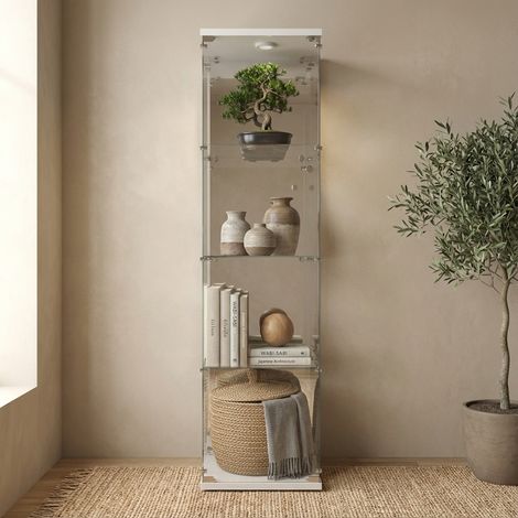 Vitrine en verre 4 étages, vitrine collection avec éclairage LED, serrure, verre trempé, armoire vitrée,Idéal pour salon, collection et décoration - Blanc