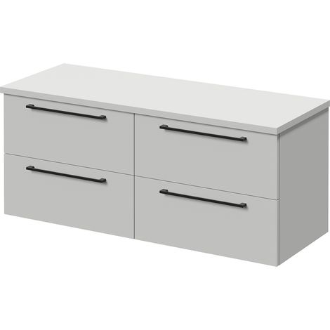 Napoli 460 Gloss Grey Pearl 1200mm Wall Mounted 4 Drawer Vanity Unit for Countertop Basins - 1200mm - Matt Black 320mm Handle