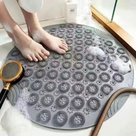 55x55cm, gris Tapis de bain rond en silicone PVC, tapis de massage avec ventouses hydrophobes, tapis antidérapant avec ventouses et trous de drainage, à la baignoire et à la piscine (1/4)