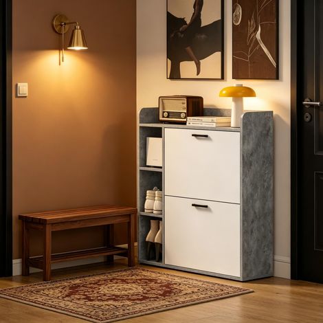 Mobile scarpiera moderno con 2 scomparti estraibili, soluzione salvaspazio per riporre le scarpe in corridoio o in appartamento (solo mobile scarpiera). (1/5)