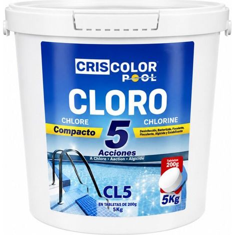 Seau du Chlore Compact 5 Actions Criscolor Pool 5 kg,Désinfectant, Algicide et Floculant pour une Eau Saine et Cristalline (1/2)