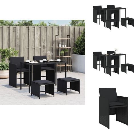 5-tlg. Garten-Essgruppe mit Kissen Schwarz Poly Rattan - Gartengestell - Gartenset - Outdoor Möbel - Gartentisch - Gartenstühle (1/5)