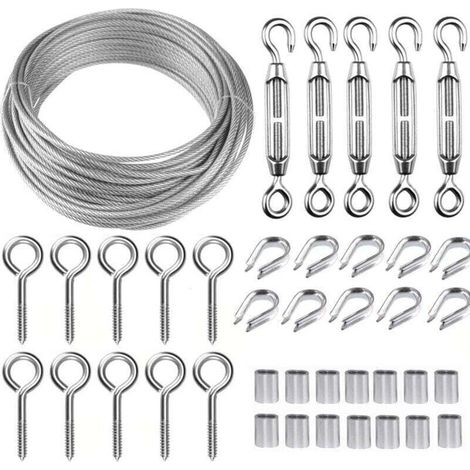 Kit Câble Suspension Acier Inoxydable 30m, Diamètre 2mm avec Tendeur M5 et Crochets Œil - Idéal Plantes Grimpantes et Supports-KZQ