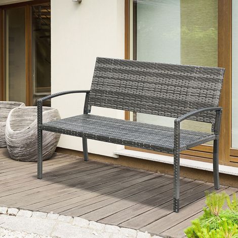 Banco de jardín con aspecto de ratán, con estructura de acero, para 2 personas, gris, 122 x 60 x 85 cm. (1/5)