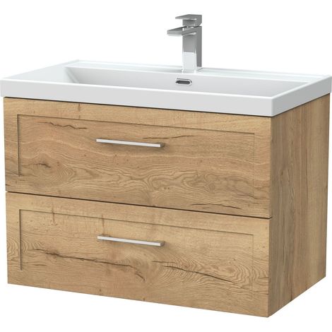 Stonnall Traditional Wall Hung 2 Drawers Vanity Unit with Thin-Edge Ceramic Basin, 800mm, Autumn Oak