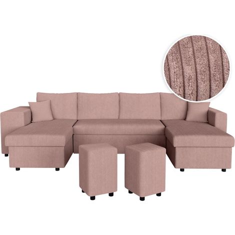 Canapé panoramique OSLO convertible avec 2 coffres, 2 poufs à gauche en velours côtelé rose (1/5)