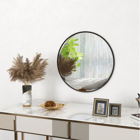 Runder Wandspiegel 61x61 cm aus schwarzem Aluminium, mit Haken, für kleine Räume – MEUBLIV (1/5)