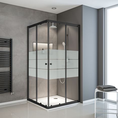 Parois de douche Sunny angle droit 75 à 90 cm x 180 cm, portes coulissantes Schulte, verre 4 mm, profilé noir, décor rayures horizontales