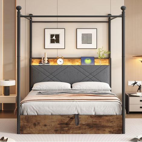letto contenitore 140x190 LED USB metallo nero elegante HAVRYA (1/5)