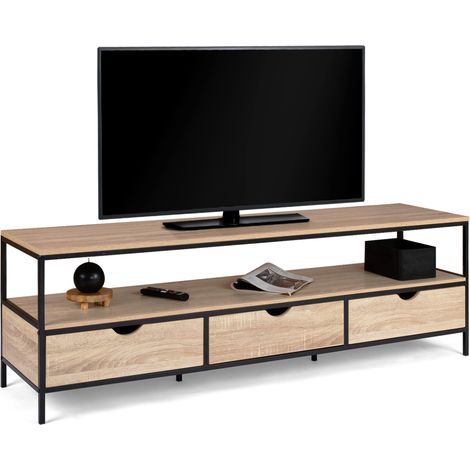 Idmarket – Meuble TV 160 cm bois et métal DETROIT – 3 tiroirs – Style industriel – Longueur 160 cm – Largeur 40 cm – Hauteur 50 cm (1/5)