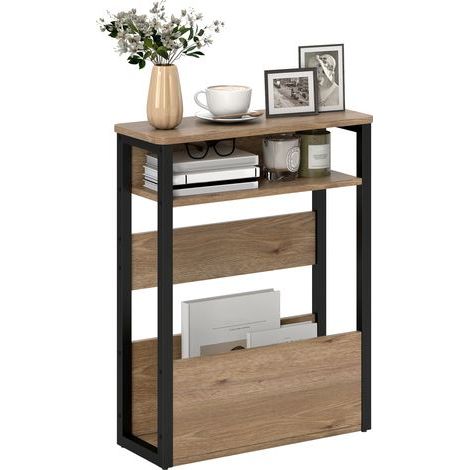 Tavolino d'appoggio e comodino con ripiano a due livelli, angoli arrotondati, 46L x 18P x 58,5H cm, noce (1/5)