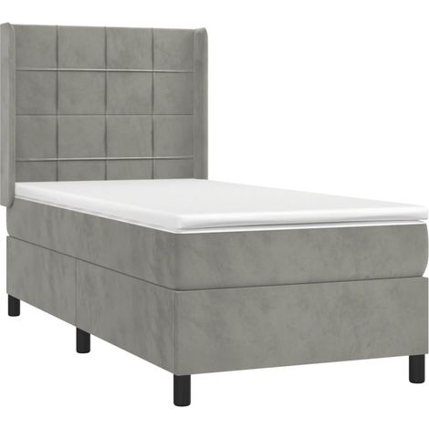 Struttura letto a LED con testiera a molle, materasso 90x190 cm, tessuto in velluto grigio chiaro TDL0208477