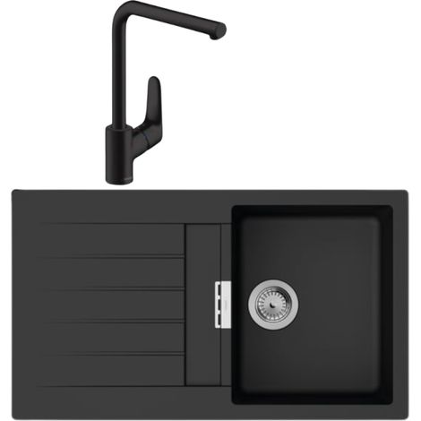Evier 1 bac 840 HANSGROHE S52 synthèse noir + robinet de cuisine HANSGROHE Focus M41 280 noir mat (1/4)