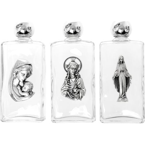 Weihwasserflasche, Glas, mit Metallbild, 12,5 cm