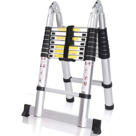 COOCHEER Scala telescopica in alluminio, 5 m, allungabile, multiuso, 16 gradini, portata max. 150 kg, colore: argento (1/5)