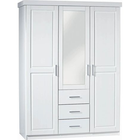 ALASKA - Armoire 3 Portes 1 Miroir Bois Massif Vernis Blanc (1/5)