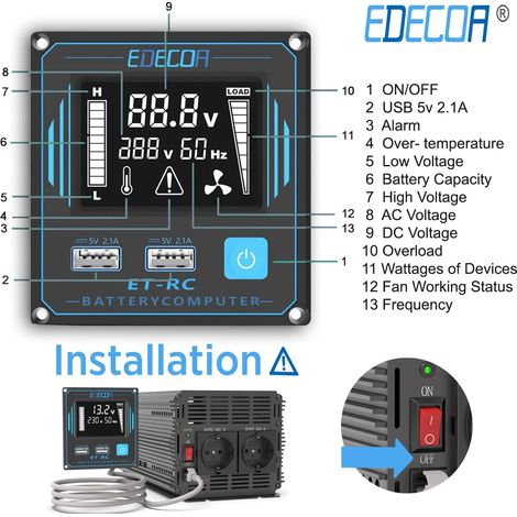 Edecoa – Convertisseur de tension 12V à 220V 3000W – Onde sinusoïdale modifiée – Télécommande et 2 ports USB – Compatible panneaux solaires