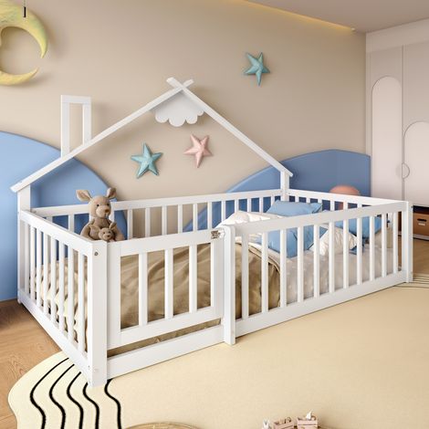 Lit enfant 90x190 cm, sommier plat en pin blanc, barrière de sécurité avec rambarde verrouillable, literie pour chambre à coucher