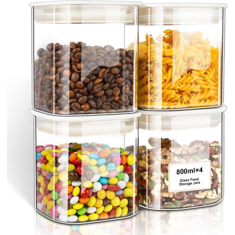 Lot de 4 Bocaux en Verre avec Couvercle 4 x 0,8L Bocaux Hermétiques Carrés pour Farine, Épices, Céréales (1/5)