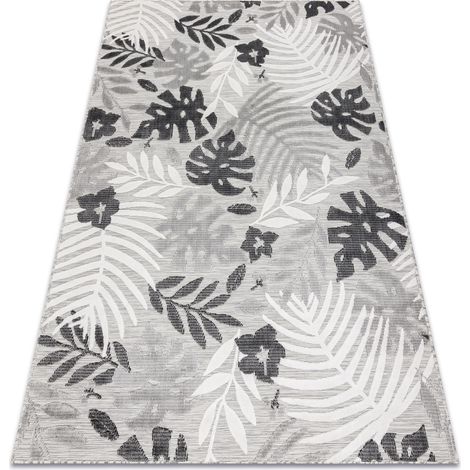 Teppich Strukturell BOTANIC 65245 Monstera-Blätter flach gewebt für Balkon, Terrasse - grau grey 137x190 cm