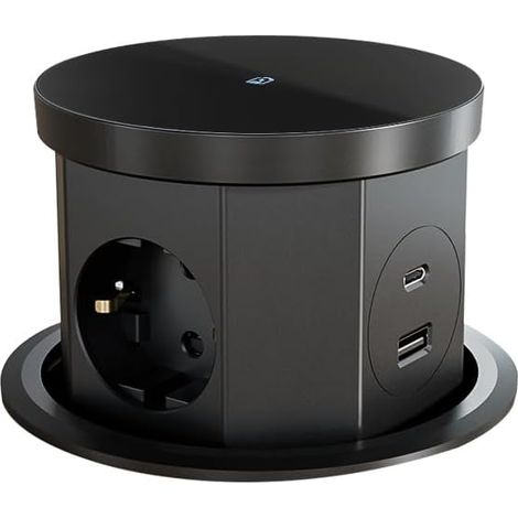 Prise de courant rétractable, prise encastrable UE à 3 voies de 2500 W avec chargeur sans fil de 15 W, ports USB-C et USB-A et câble d'alimentation de 1,5 m, prise de bureau pour bureau, comptoir, mai