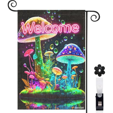 Drapeau de jardin 30 x 45 cm motif champignons colorés lumineux toile double face pour décoration jardin et terrasse (1/5)