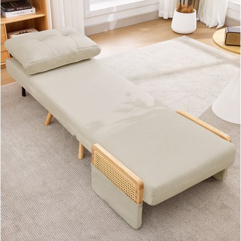 Poltrona letto 3 in 1 con schienale regolabile, braccioli in rattan, lino beige (1/5)