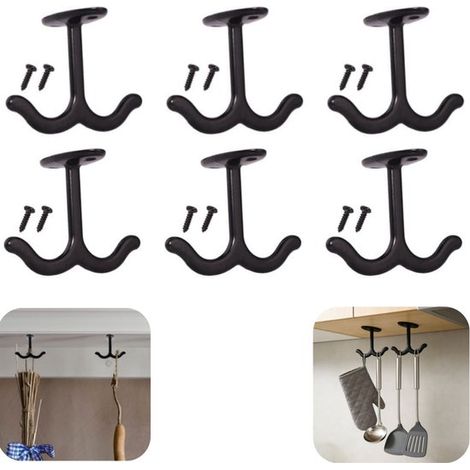 Crochets plafond et porte-gobelets lot de 6 en métal - crochets pour torchons et ustensiles avec vis, noir, 7,7 x 5,5 cm (1/5)