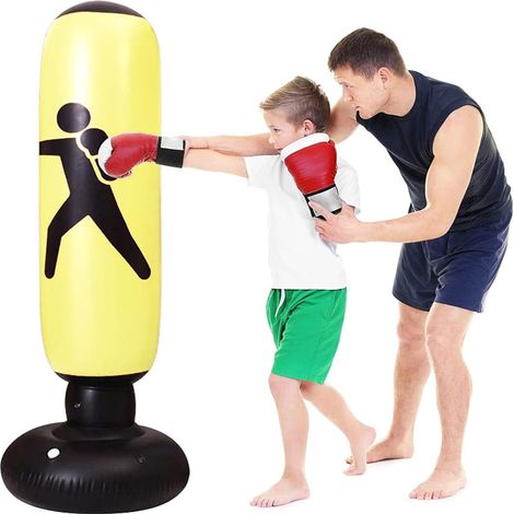 160cm Sac de Boxe Gonflable,Sac de Frappe Boxe sur Pied, Fitness de Boxe autoportant Tour Stand Fitness Sac pour Enfant et Adulte, Anti-Stress Adulte,Jaune (1/5)