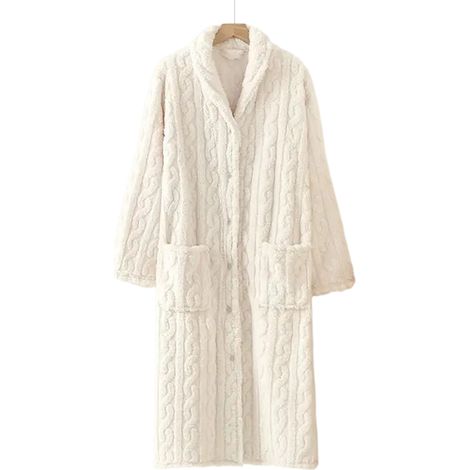 Langer Damen-Plüschbademantel, weich und flauschig, mit Knöpfen, aus flauschigem Fleece, warm und bequem, mit Taschen. (1/5)