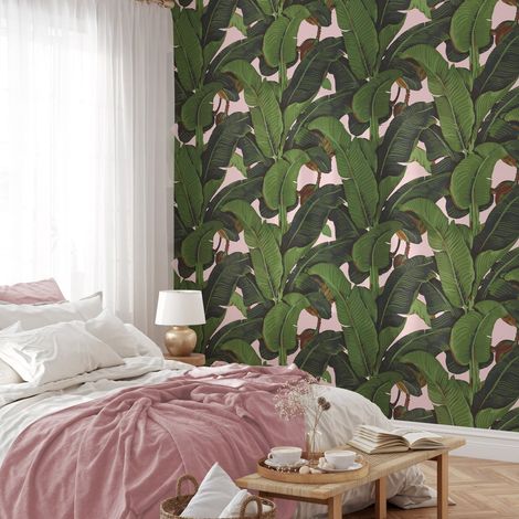 Florale Dschungel-Tapete für Wohnzimmer Rosa Bananenblätter