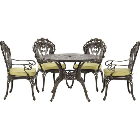 Beliani – Ensemble repas jardin 4 places – Table ronde aluminium marron doré – Coussins inclus – Résistant aux intempéries – Style vintage classique