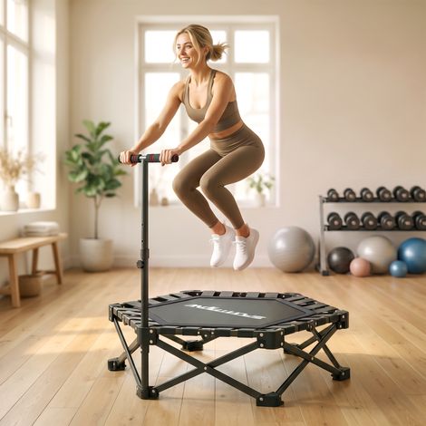Trampoline de fitness avec poignée en T réglable, pliable, sac de transport, capacité de charge 120 kg, acier, plastique, noir (1/5)
