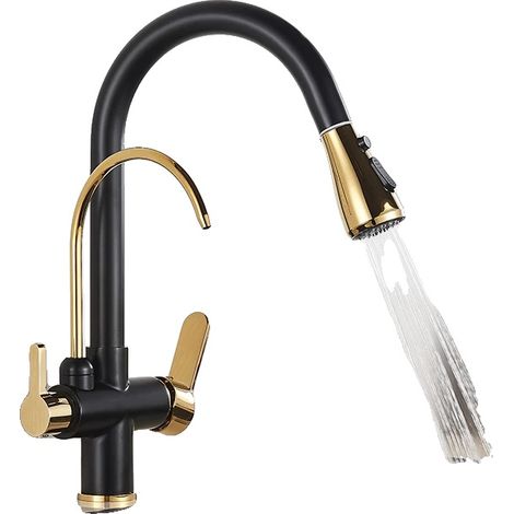 Rubinetto, bocca estraibile, design a doppia maniglia, nero oro A (1/2)