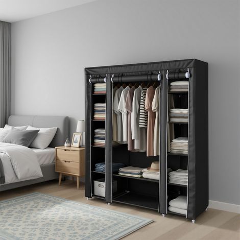 Penderie en tissu avec housse, armoire de rangement modulable, 12 compartiments, cadre métal, chambre, noir (1/5)