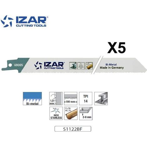 Lame scie sabre Izar S1122BF bimétal (x5) pour inox 200 mm 14TPI