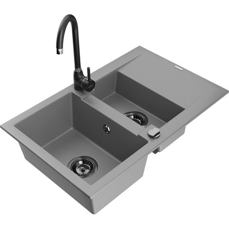 Mexen Gaspar évier en granit 1,5 bac avec égouttoir et robinet de cuisine Telma, gris - 6507-71-670200-70-B (1/5)
