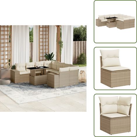 Ratán sintético - vidaXL Set de sofás de jardín 9 pzas con cojines ratán sintético beige - Muebles de exterior