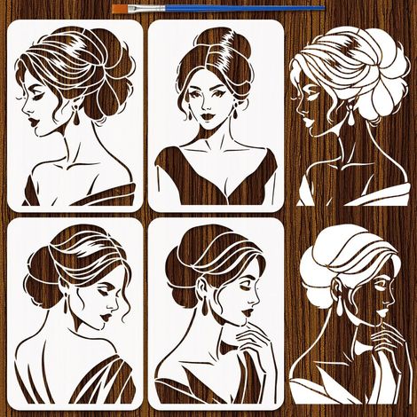 4Pcs Pochoir de Peinture Élégant pour Femme Avec Pinceau (1/5)