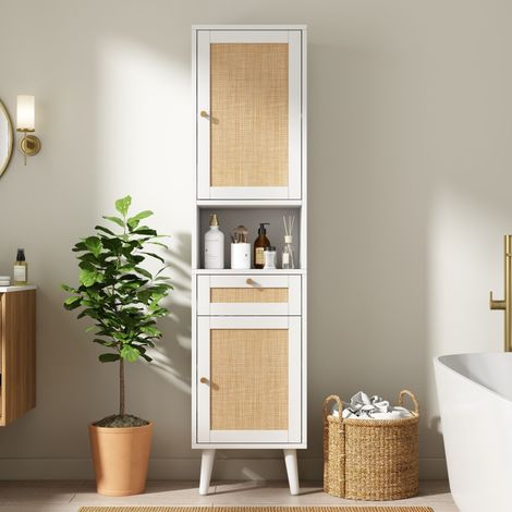 Meuble colonne de salle de bain 40x30x166 cm - Armoire haute sur pied avec portes réversibles en rotin et tiroir style scandinave - Blanc (1/5)
