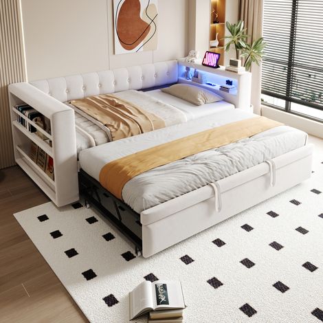 Letto imbottito multifunzione 90/180 x 190 cm con LED, prese e vani portaoggetti, beige (1/5)