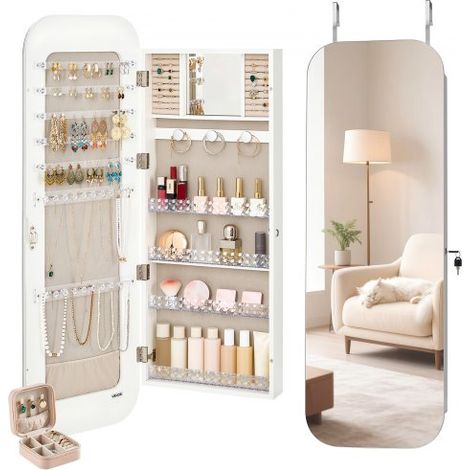 Schmuckschrank 108 vm hoch, Ganzkörperspiegel mit Stauraum, Wandmontage/über der Tür, Schmuckschrank-Organizer, abgerundetes Design, abschließbar mit 2 Schlüsseln & Reise-Organizer, weiß (1/5)