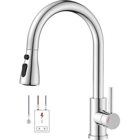 Robinet Cuisine Basse Pression, Robinet Evier Douchette Extensible avec 2 Jets, Mitigeur Cuisine 3 Raccords pour Chauffe-eau ou Sous-évier, Rotation 360°, Chrome Poli, Poignée (1/5)