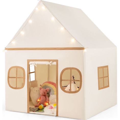 COSTWAY Kids Play Tent Large Playhouse w/ Door Curtain & Windows-Beige (1/5)