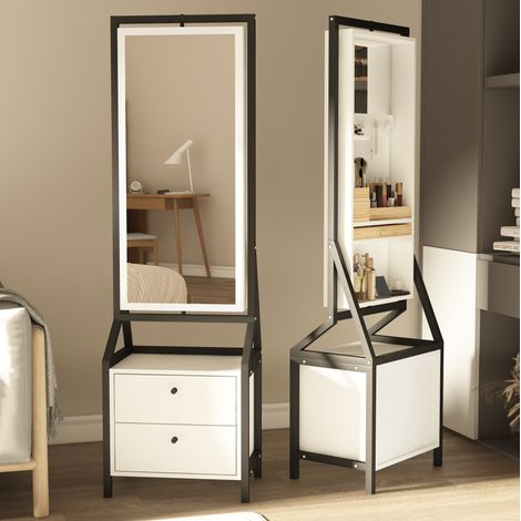Armoire a bijoux pivotante 360° avec miroir sur pied et 2 tiroirs, rangement double face, MDF blanc (1/5)