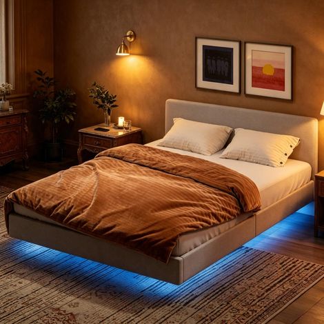 Lit double adulte 140x190 cm en tissu beige, LED moderne pour chambre, sans matelas FloraGrace (1/5)