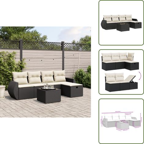 6-tlg. Garten-Sofagarnitur mit Kissen Schwarz Poly Rattan - Gartenmöbel - Outdoor-Lounge - Rattan Gartenset - Esstisch Set - Balkonmöbel