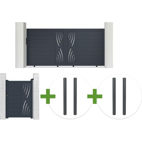 Puerta corredera VELETA de 3,5 m y 140 cm de altura, aluminio gris + Puerta VELETA de 1 m y 140 cm de altura + 4 postes (1/5)